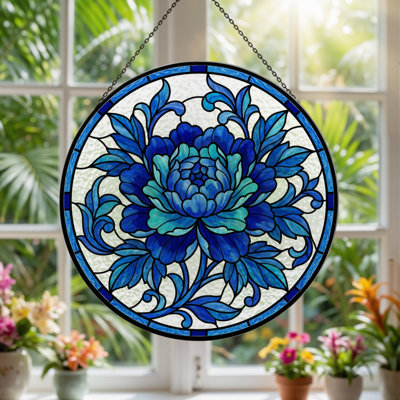 7.8"H Blue Floral Stained Glass Window Panel