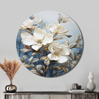 Magnolias peints en bleu et blanc - Art floral rond en métal