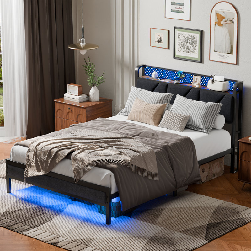 Platform Bed Frame with Storage, RGB LED Lights and Charging Station,Bed with Upholstered Headboard,Full, Full