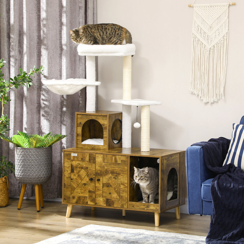Pawhut Cat Tree With Litter Box Enclosure,  2-In-1 Cat Tower Litter Box Furniture Indoor, Cat Condo With Hammock, Scratching Posts Pad, Rustic Brown