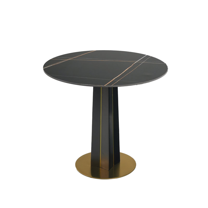 Table ronde en pierre frittée noire, 85 cm, pieds en bois et base en métal doré, convient aux petites tables modernes avec plateau de 85 cm, Scratch -
