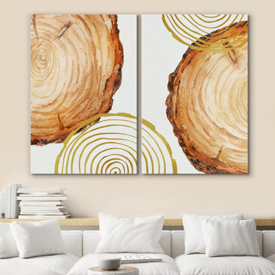 «Orange Pastel Forest Tree», anneaux de bois, art numérique minimaliste floral botanique sur toile, 2 pièces
