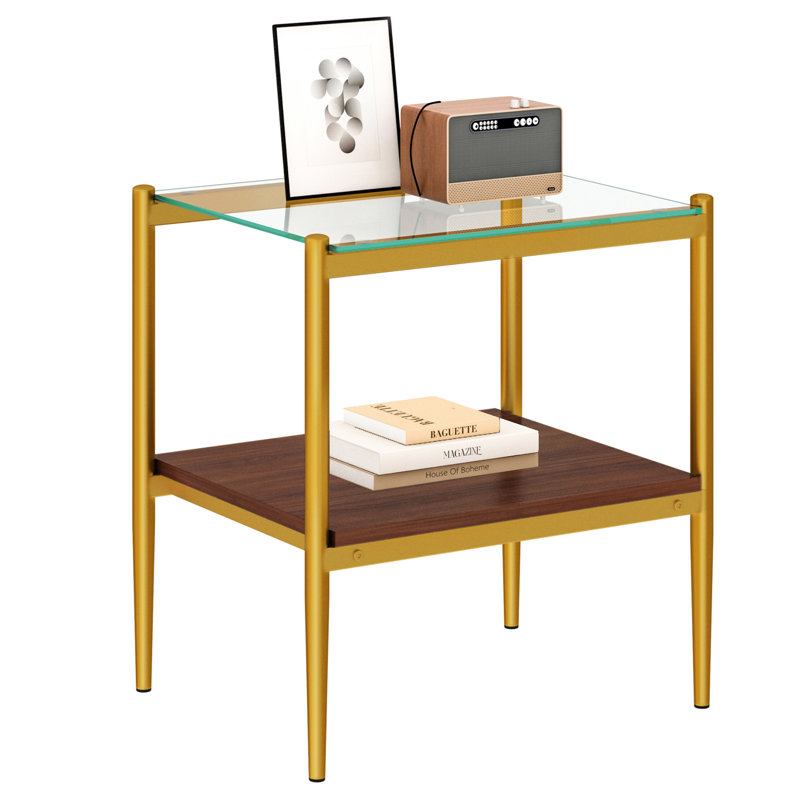 2-piece Modern End Tables Rectangle Side Table with Tempered Glass Top & MDF Storage Shelf, Living Room Accent Tables, Clear
