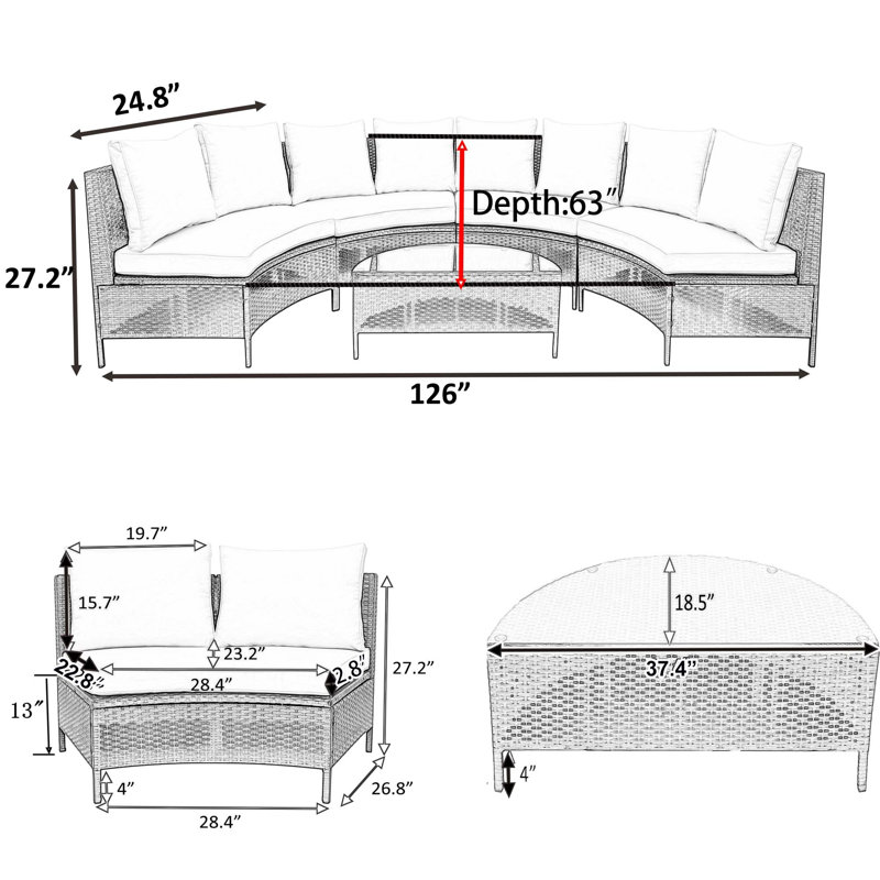 Ensemble de canapé modulaire d'extérieur demi-lune Topmax - 5 pièces, ensemble de canapé en rotin toutes saisons avec table en verre, beige