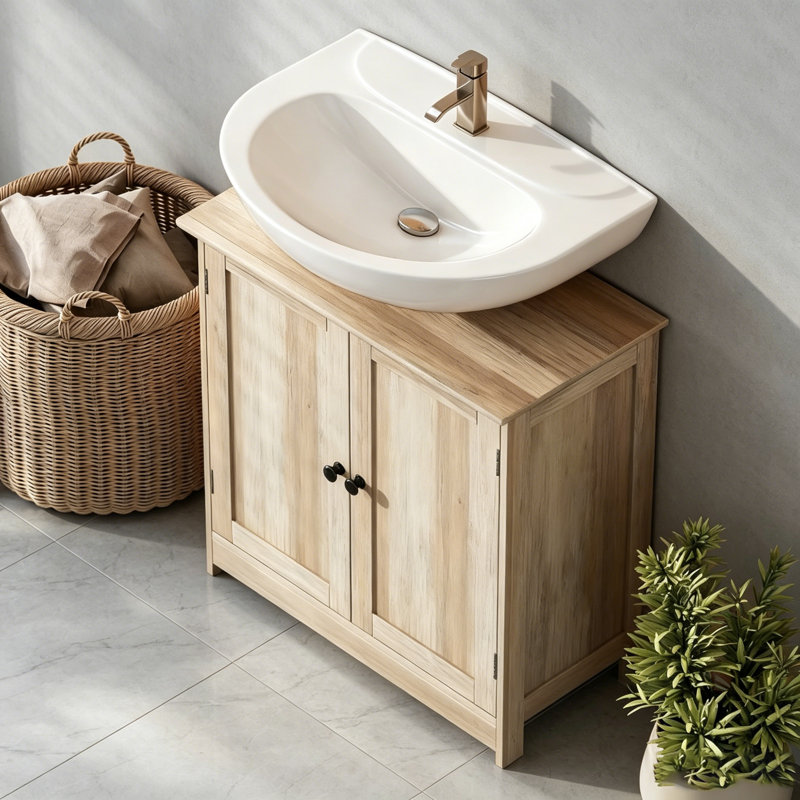 Armoire de meuble-lavabo sous le lavabo avec 2 portes et tablette ajustable, gris vieilli (sans lavabo de salle de bain)