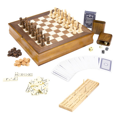 7-in-1 Classic Wooden Board Games Set - Family Game Night with Cards, Dice, Chess, Checkers, Backgammon, Dominoes, and Cribbage