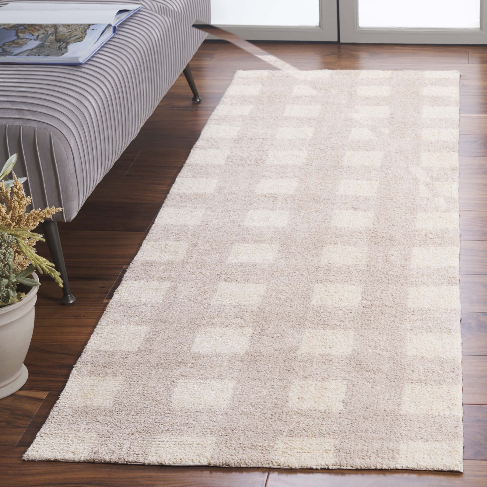 Barclay Beige Washable Hand-Woven Plaid Rug, Runner 2'3" x 8'