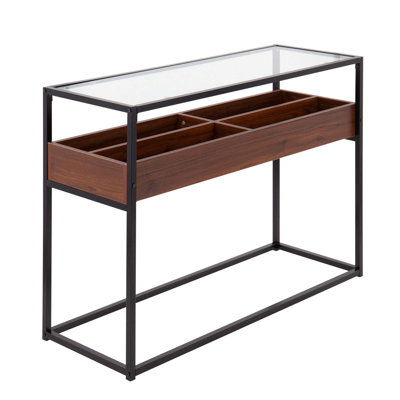 Contemporary Console Table With Metal Frame, Clear Glass Top, And Wood Storage Compartments For Modern Interiors