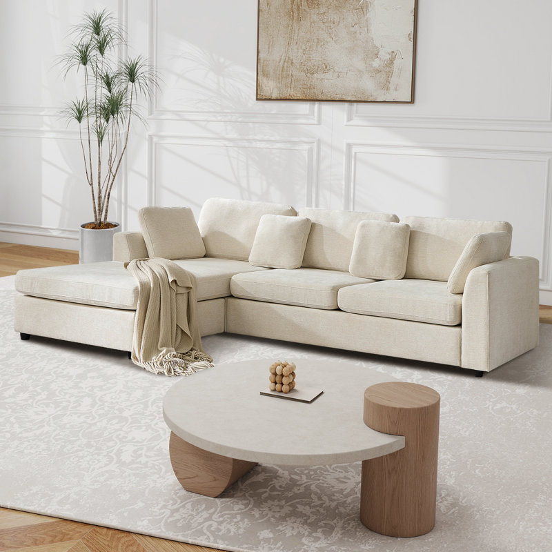 108" Upholstered L Shape Sofa Modern Couch With Convertible Chaise, Beige