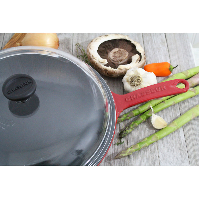 Red Enameled Cast Iron Frying Pan with Glass Lid