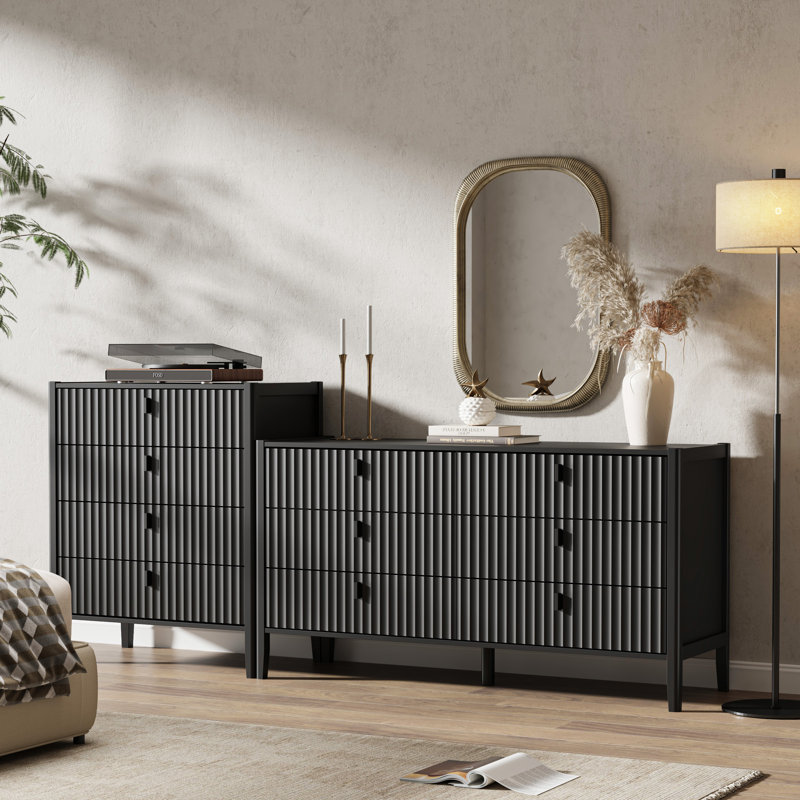 Ensemble de chambre à coucher 2 pièces, commode 6 tiroirs et commode 4 tiroirs, Noir