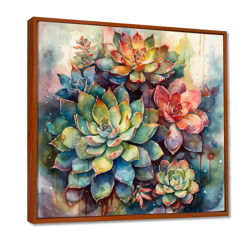 Rylinn vert rouge cactus paysage IV - art mural cactus, H 36 po x l 36 po, Cadre flottant brun