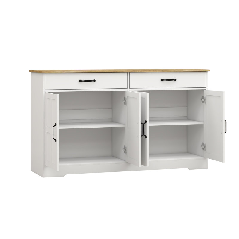 Buffet blanc de 56,46 po avec 2 tiroirs et 4 portes. Polyvalent pour la maison. Buffet grand format stable et sécuritaire, pour différentes pièces. Fabriqué. Installation simple