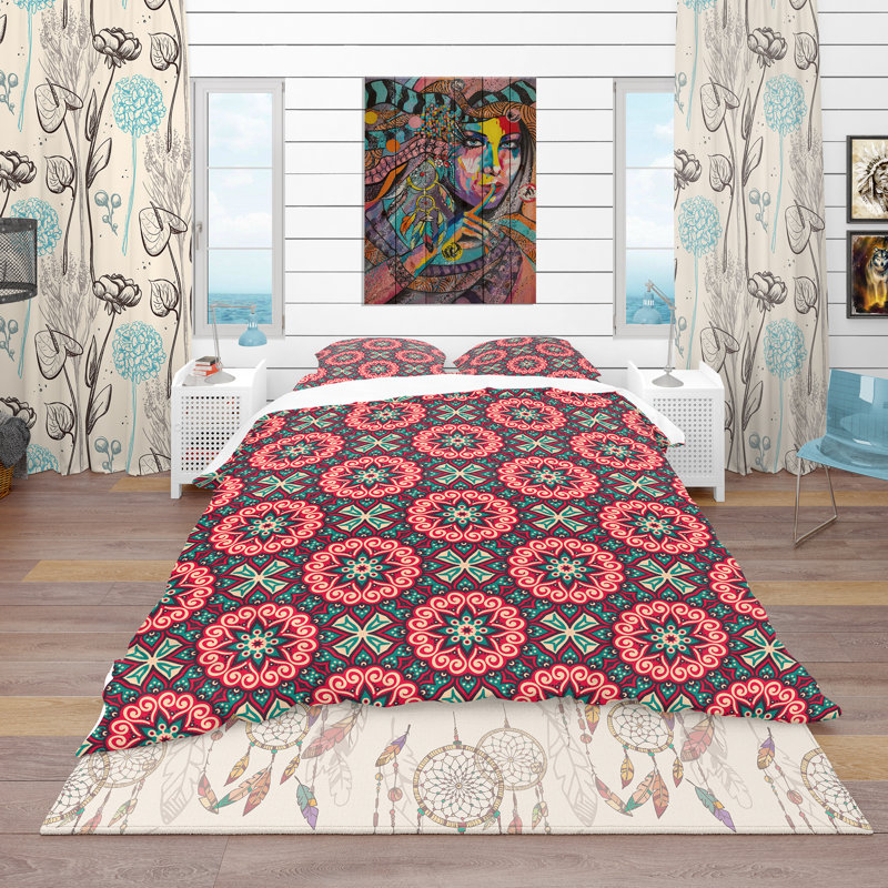 Vintage Decorative Elements - Floral Abstract Duvet Cover Set - Microfiber Polyester, Full/Queen Duvet Cover + 2 Shams