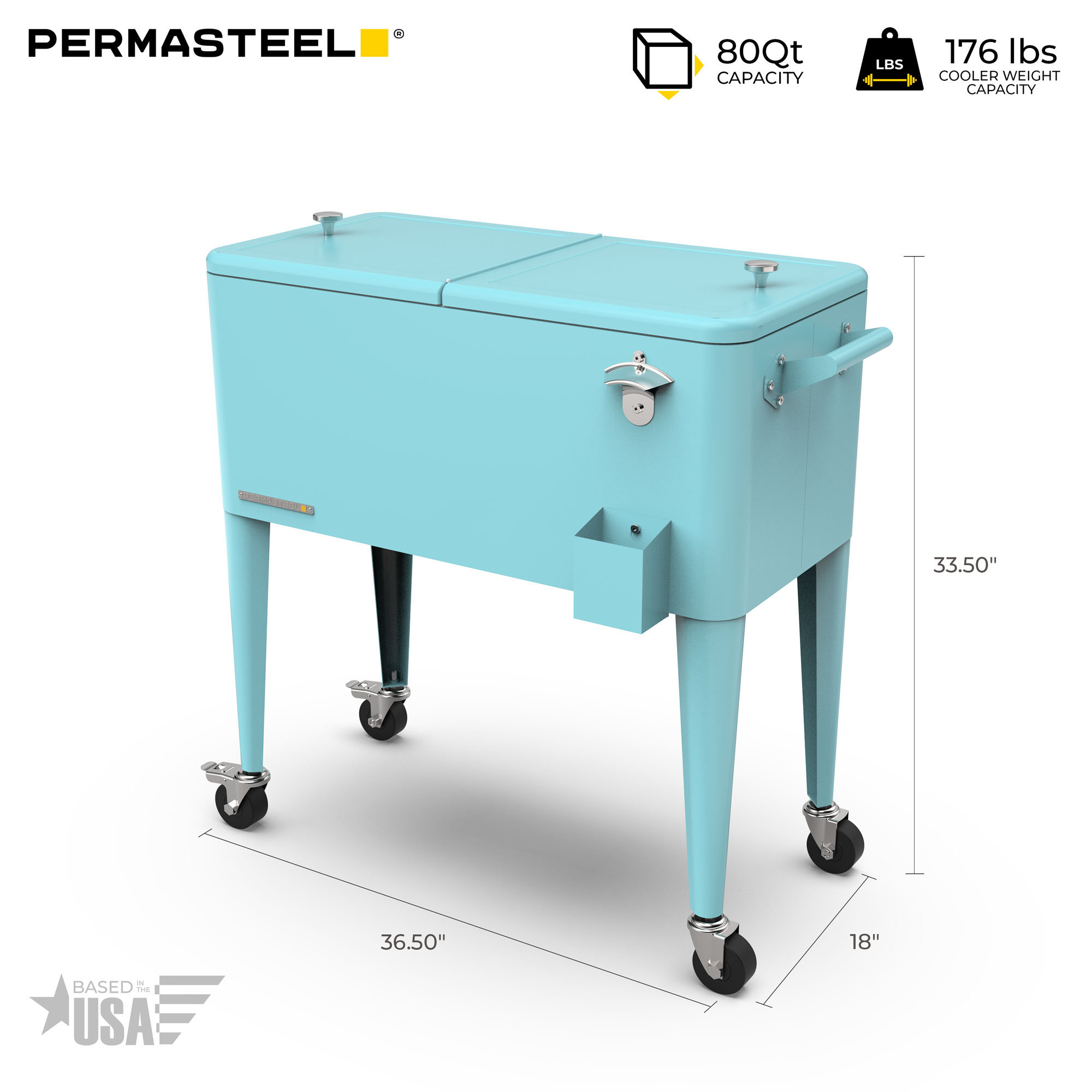 Permasteel 80-Qt Classic Outdoor Patio Cooler On Wheels, Turquoise, Without Divider