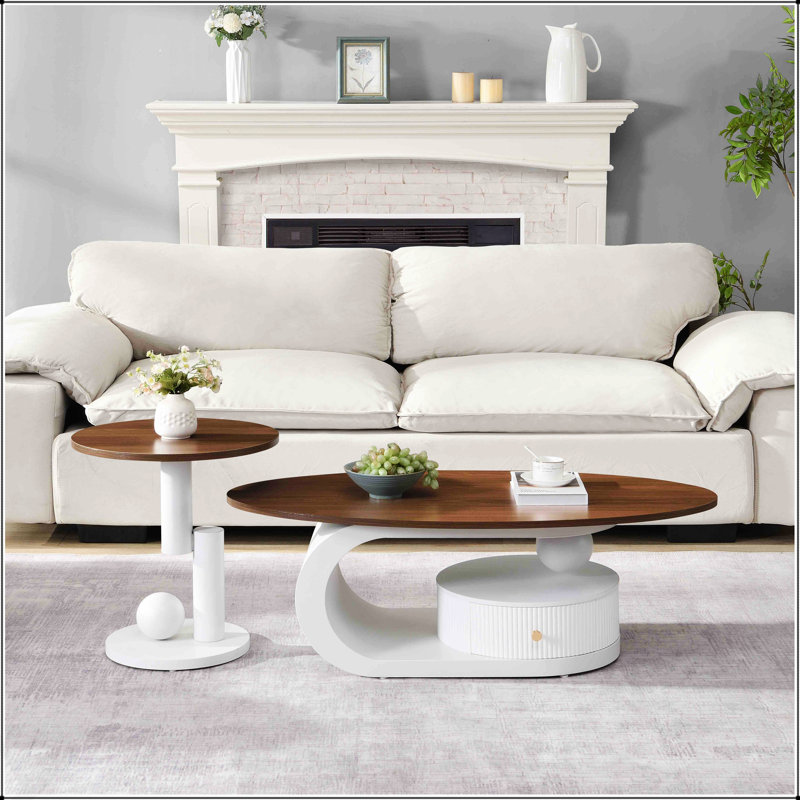 Ensemble de 2 tables gigognes de luxe, ovales et rondes avec rangement pour les salons modernes, au design élégant et fonctionnel