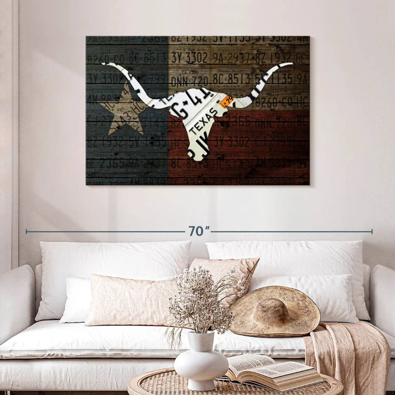 Art de Longhorn avec drapeau, H 30 po x l 45 po