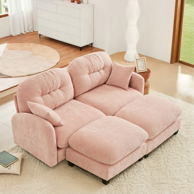 Cloud Sectional Couches,Premium Chenille Fabric Paired With Soft Throw Pillows,Quilted Pleated Design High-Density Foam Ergonomic Design Easy Install Elegant Armrests,Fits Bedrooms,Pink