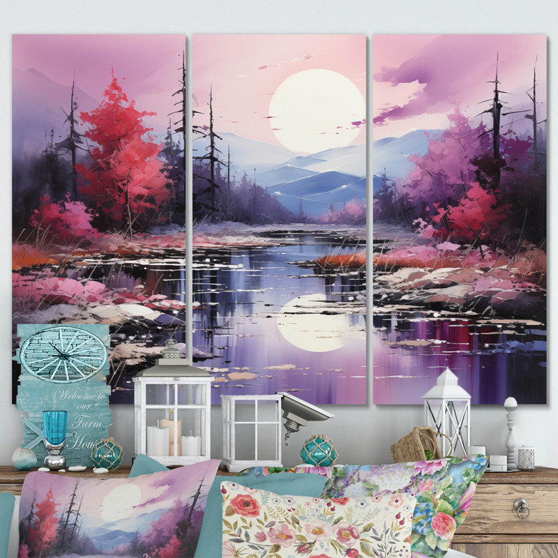 Impression sur toile 3 pièces rose et mauve Riverside Serenity II, H 40 po x l 60 po x P 1 po