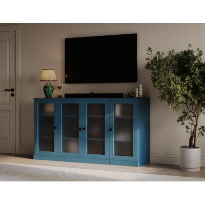 100% Solid Wood TV Stand With Frosted Glass Doors And Adjustable Shelves For Tvs Up To 65"