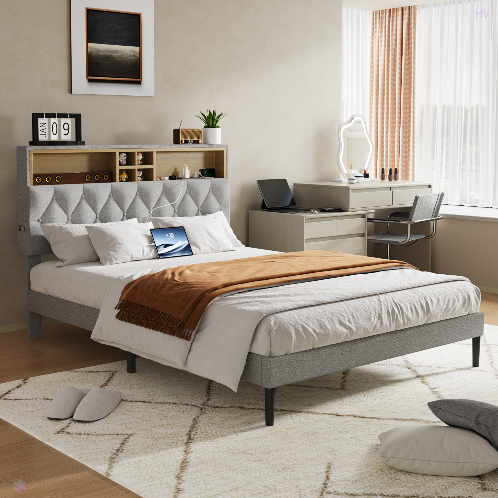 Ebern Designs Bed Frame With 2-Tier Storage Adjustable Headboard ...