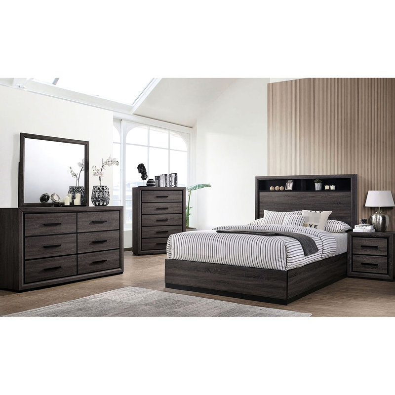 Armoire de chevet moderne grise, conception bicolore et garniture noire, 2 tables de chevet magnétisme pour la chambre à coucher, garniture, 2 tiroirs, installation simple