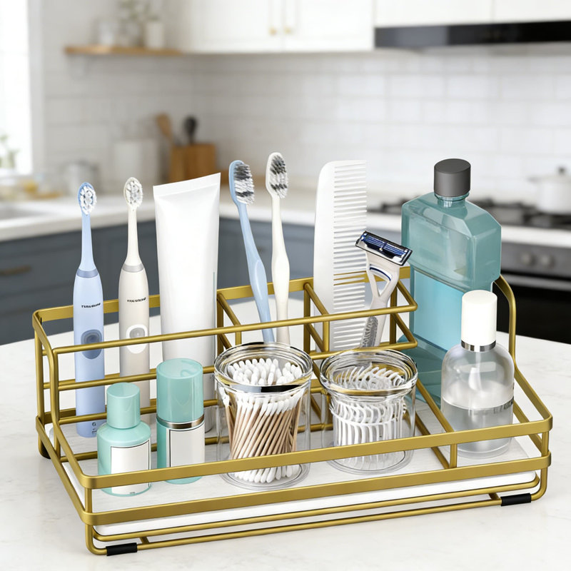 Organisateur de comptoir de salle de bain avec pierre à séchage instantané, brosse à dents en acier inoxydable à 5 fentes et porte-dentifrice pour brosses à dents électriques, rangement pour meuble-lavabo peu encombrant