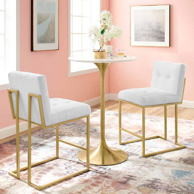 Privy Gold Stainless Steel Upholstered Fabric Counter Stool Set of 2, White, Counter Stool (24.5" Seat Height)