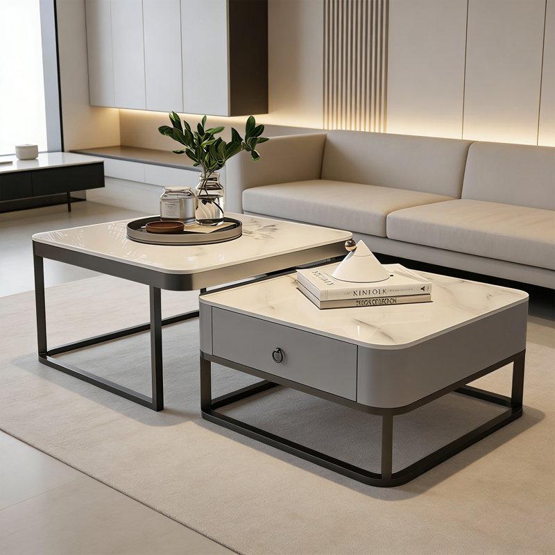 Table basse simple et moderne, Blanc / Gris, Black, H 17 po x L 31,49 po x l 31,49 po