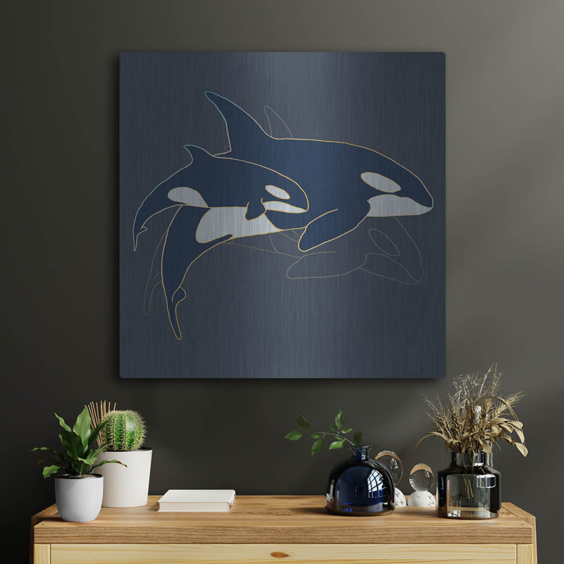 Highland Dunes «Sealife Blue and Gold Killer Whales» par Sabrina Balbuena, art mural en métal, H 24 po x l 24 po