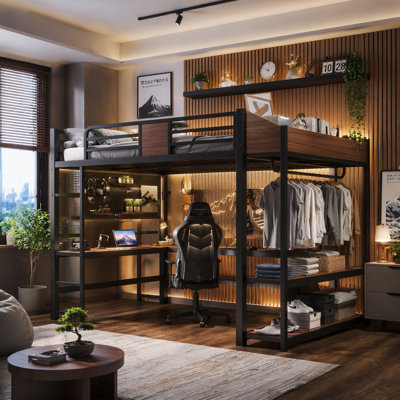 Lit mezzanine simple simple avec bureau latéral et ports USB, lit mezzanine en métal de style jeu avec lumières à DEL, armoires de rangement et auvent chic, noir