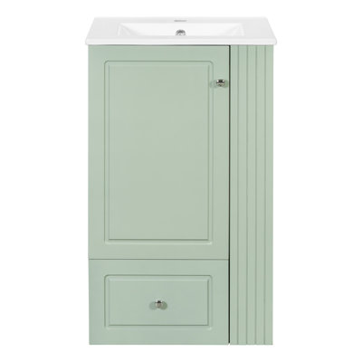 Meuble-lavabo autoportant moderne de 20 pouces avec lavabo en céramique, tiroir à fermeture en douceur et tablettes ouvertes, barre à serviettes en bois de pin