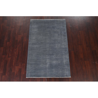 Tapis gris en laine noué à la main de conception unique 3 pi 11 po x 6 pi 3 po New Age