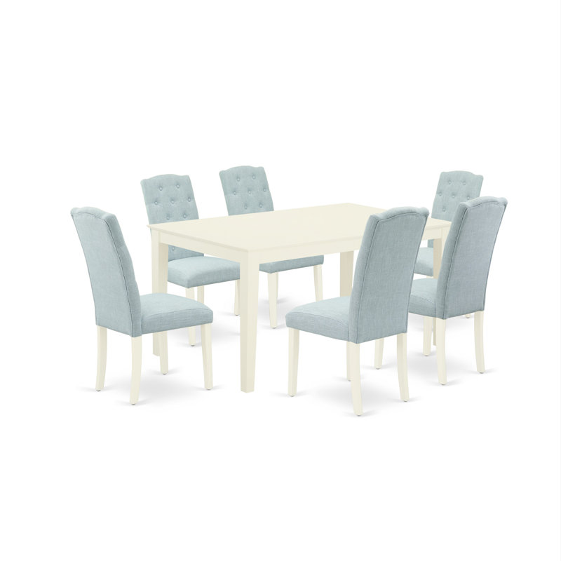 7 Piece Kitchen Table & Chairs Set Consist of a Rectangle Dining Room Table and 6 Baby Blue Linen Fabric Parsons Dining Room Chairs, Linen White
