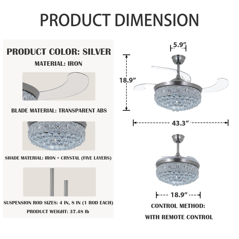 Ventilateur de plafond moderne en cristal avec lumière et télécommande, minuterie, 3 vitesses, 3 couleurs changeantes