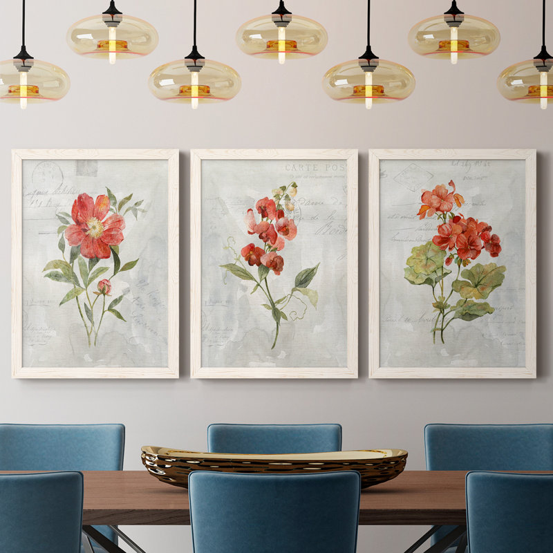 Lin géranium - ensemble de 3 impressions sur toile encadrées, H 20 po x l 51 po x P 1,5 po, Blanc