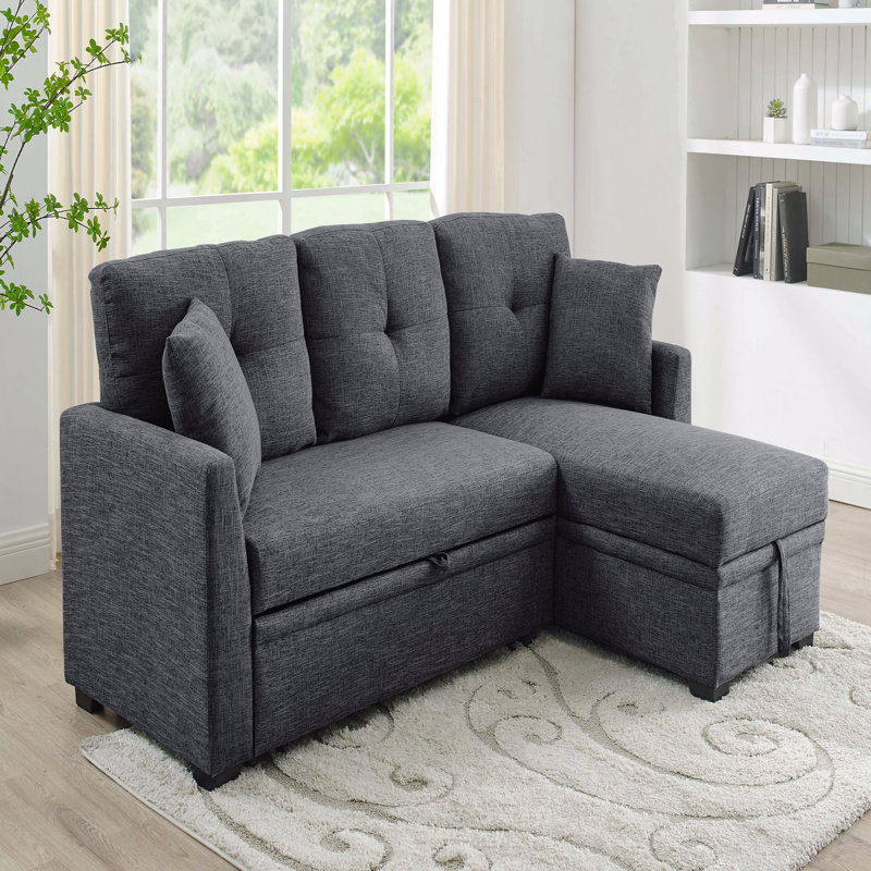 Canapé modulaire 76,5 po en mélange de lin avec lit escamotable et rangement pour chaise longue, Gris foncé