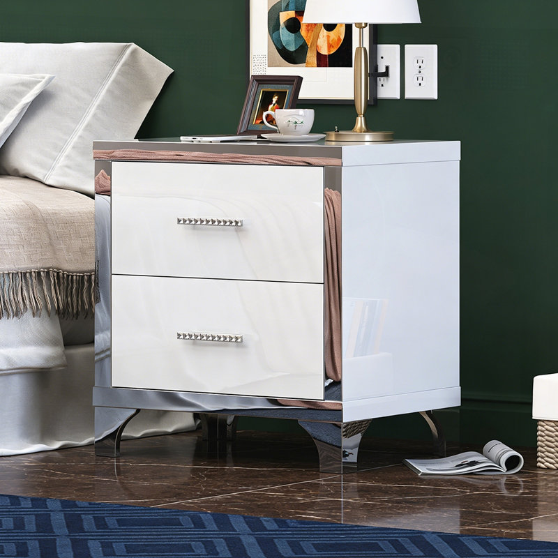 High Gloss Mirrored Nightstand with 2 Drawers, Modern End Table for Bedroom and Living Room, White