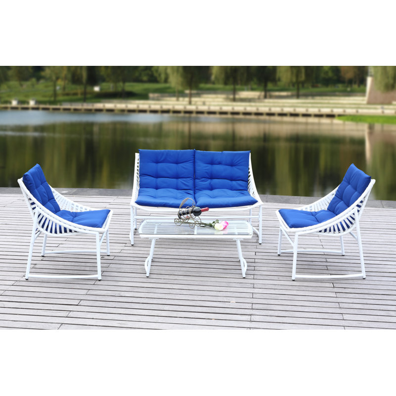 Larose Wicker 4 - Person Patio Conversation Set with Cushions, White, Navy