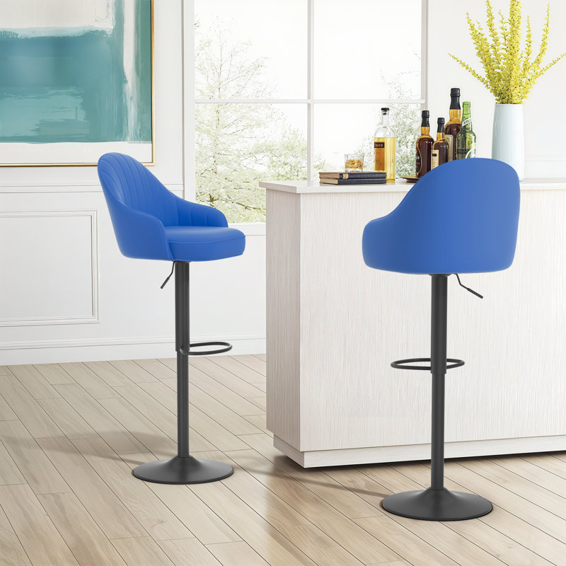 Adjustable Height Bar Stools, Modern Faux Leather 360° Swivel Chairs With Backrest For Kitchen Or Dining, Blue
