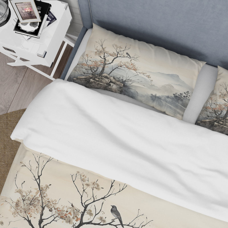 Ensemble de housse de couette Asian Art Sumi Bird Serenity, Housse de couette simple + 1 taie décorative stan