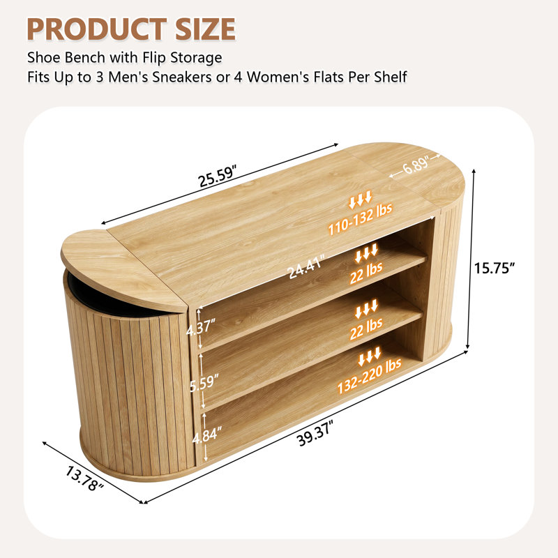 Banc de rangement pour chaussures 9 paires, Natural Wood