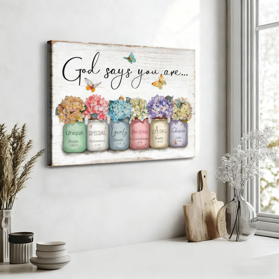 Inspirational Bible Verse Wall Art God Says You Are Sayings Wall Decort Christian Gift Quotes Painting scripture Pictures Print Flowers in Mason Jar P