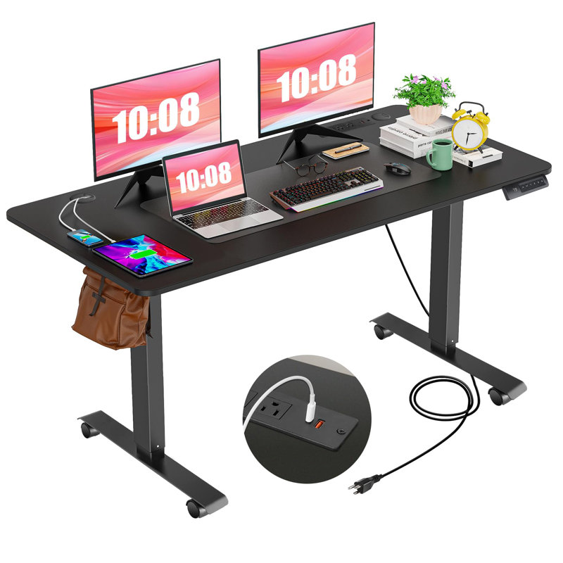 Hubing Electric Height Adjustable Standing Desk With 2 Usb Ports And 3 Power Outlets，4 Lockable Casters, 2 Hooks, Big Mouse Pad