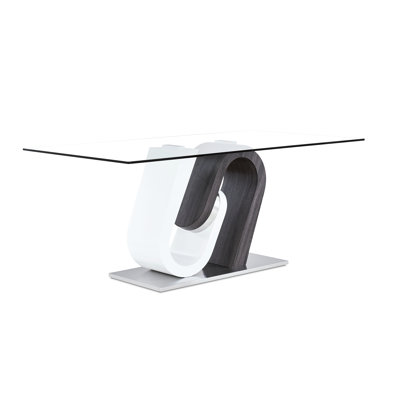 Table de salle à manger avec finition grise et blanche, base en acier inoxydable, motif géométrique, détails polis, 69,64 pouces de profondeur, 38,33 de largeur, 30,79 de hauteur, 213,4 lb de profondeur, de largeur, de hauteur,