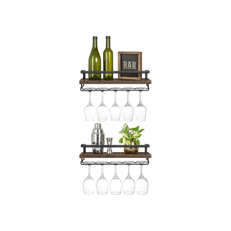 Wine Rack Set Of 2 Wood Rustic Wine Bottle Glass Floating Shelves With Stemware Hanger Modern Plants Photos Wine Display Storage Holder For Kitchen Dining Room Bar, 17 Inch