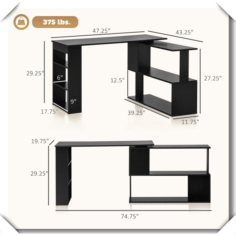 Spacious L Shaped Desk 360° Rotating Space Saving Workstation, Black