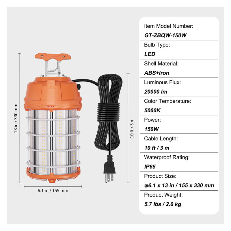 Éclairage de travail temporaire à DEL 150 W - Éclairage de chantier portatif 20 000 lumens avec cage étanche et crochet de suspension