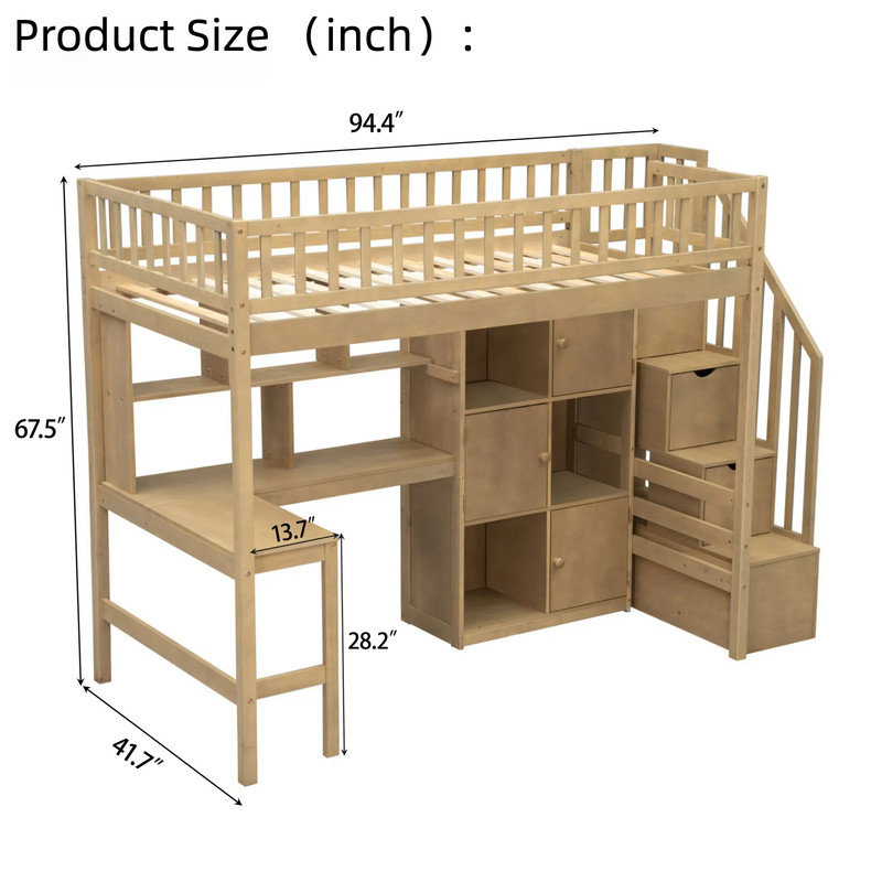 Lit mezzanine à DEL avec bureau intégré et multi-rangement, Brun