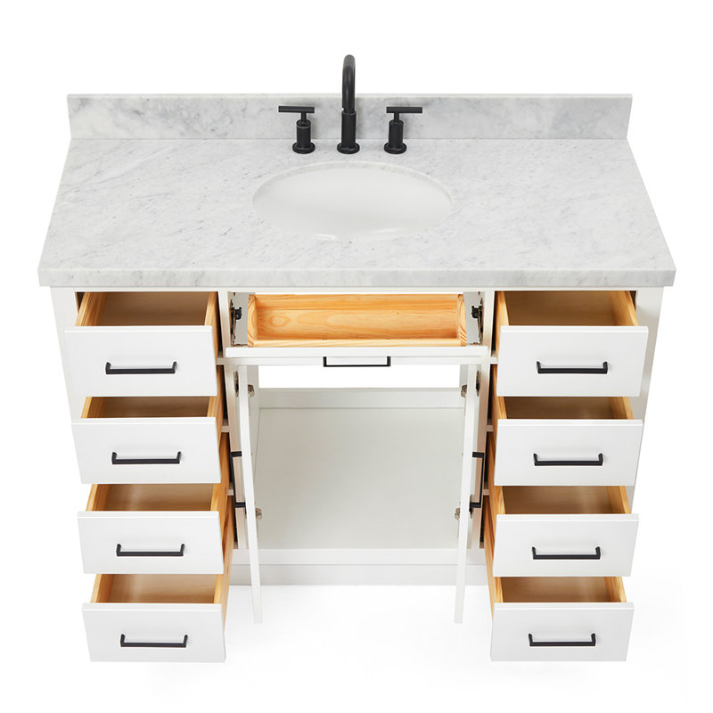 Tidworth 48'' Solid Wood Single Bathroom Vanity with 1.5'' Carrara Marble Top Sink, Oval, White